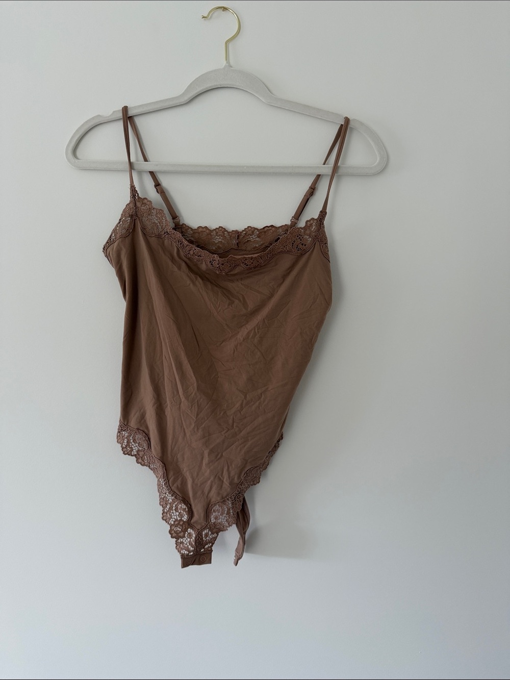 Skims Lace-Trim Spaghetti Strap Bodysuit in Brown